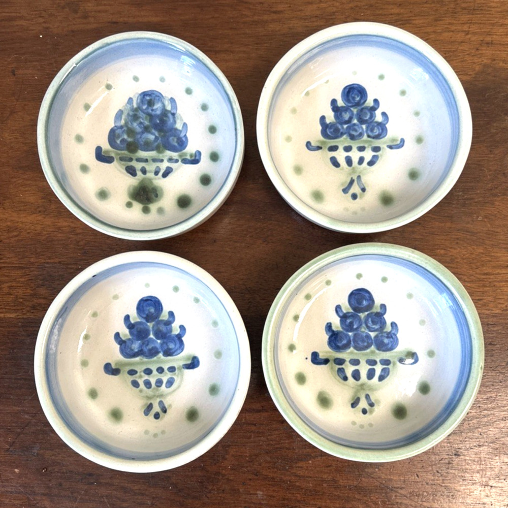 Set of 4 M.A. Hadley Blueberry Bouquet Pottery Cereal Bowls 4.5" Signed USA